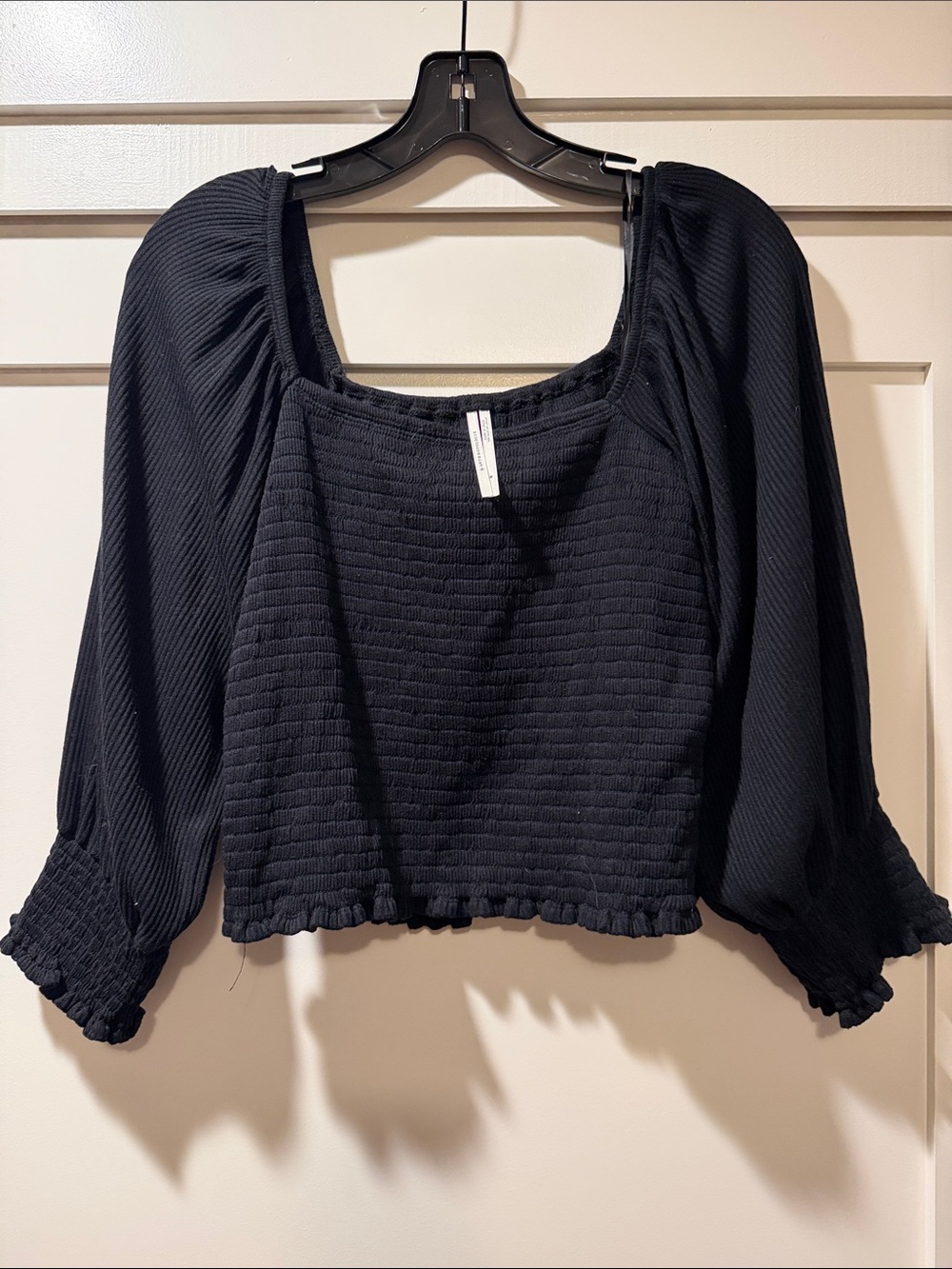 Anthropologie Black Smocked Square-Neck Long Sleeve Top - cropped